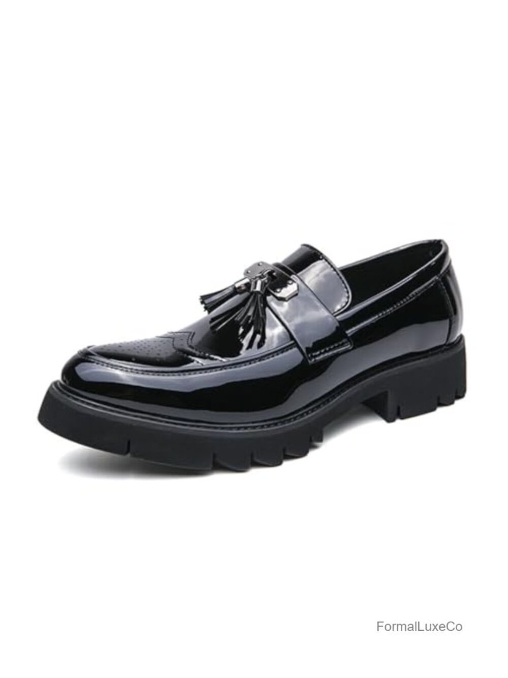 Men's Patent Leather Tassel Slip-On Platform Loafers Non Slip Lug Sole Dress